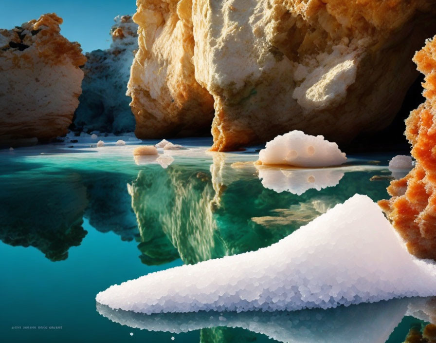 Jagged salt formations and rocky cliffs reflected in clear water