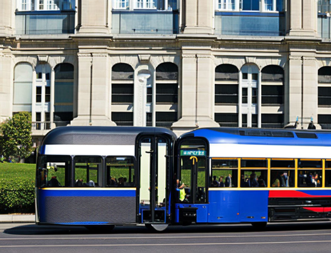 Modern tram in blue and red stops near classic building on sunny day