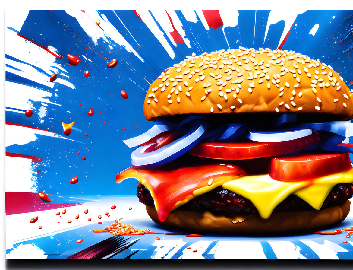 Colorful Cheeseburger Illustration with Paint Splatters and Various Ingredients