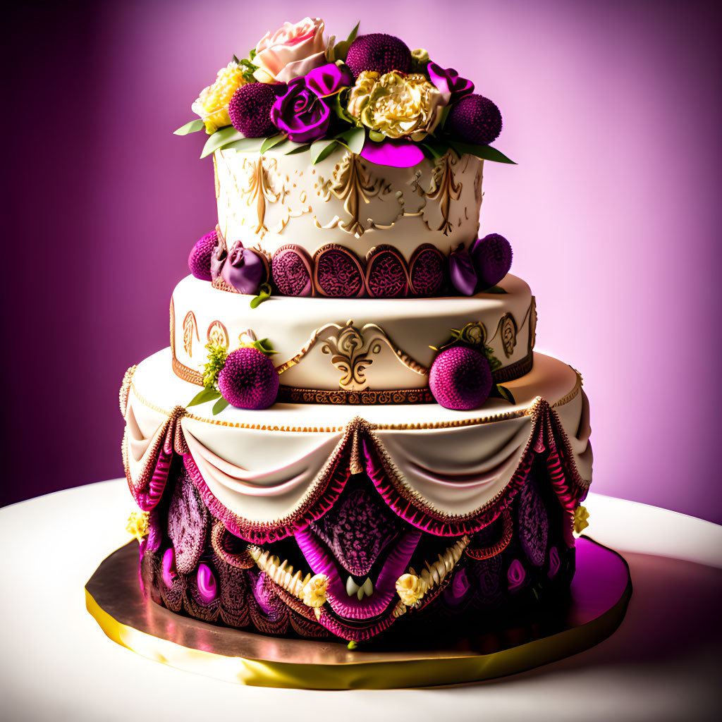 Elegant multi-tiered cake with purple and gold accents