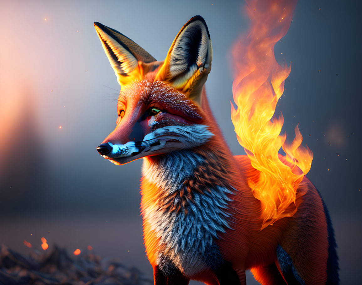 Digital Art: Fox with Flaming Tail in Twilight Scene