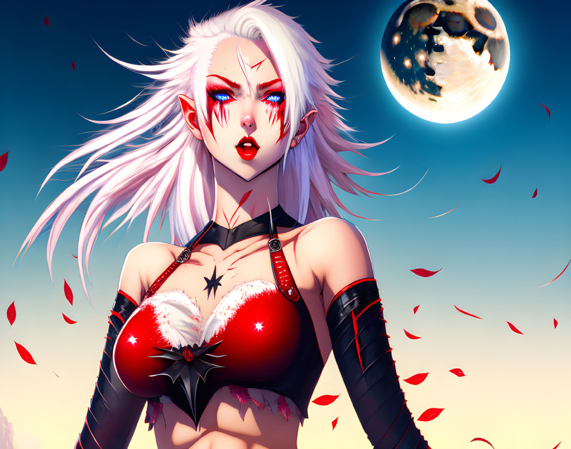 White-haired female character with red eyes and scar, red and black outfit, red leaves, full moon