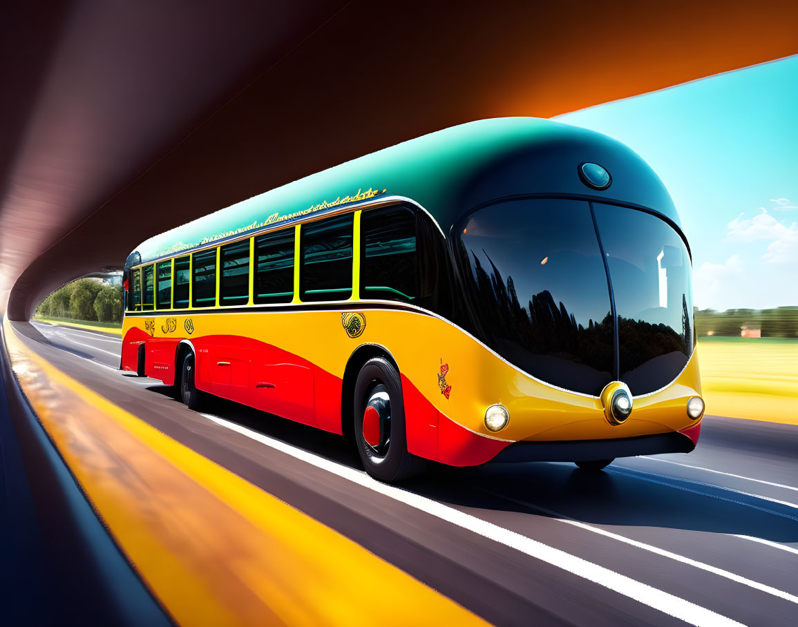 Futuristic red and yellow bus on highway under clear blue sky