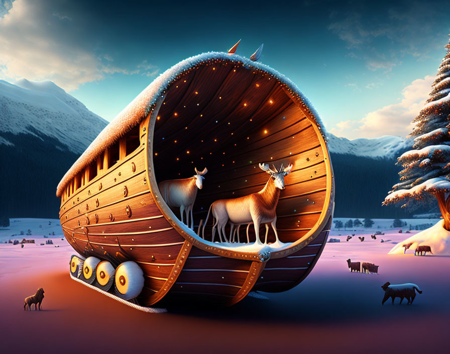 Wooden ark with animal pairs in snowy landscape at dusk & creatures.