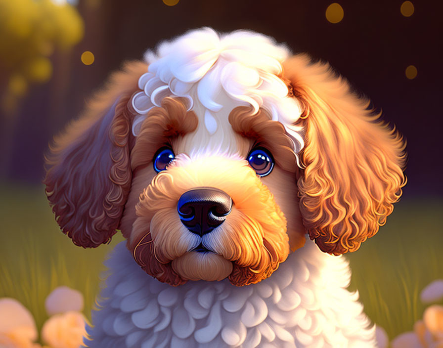 Fluffy Brown and White Dog Illustration in Magical Setting