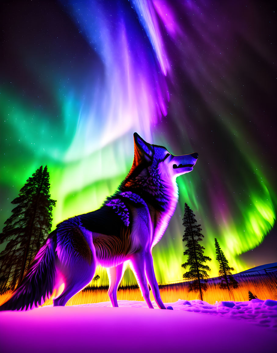 Majestic wolf in snow under vibrant aurora borealis