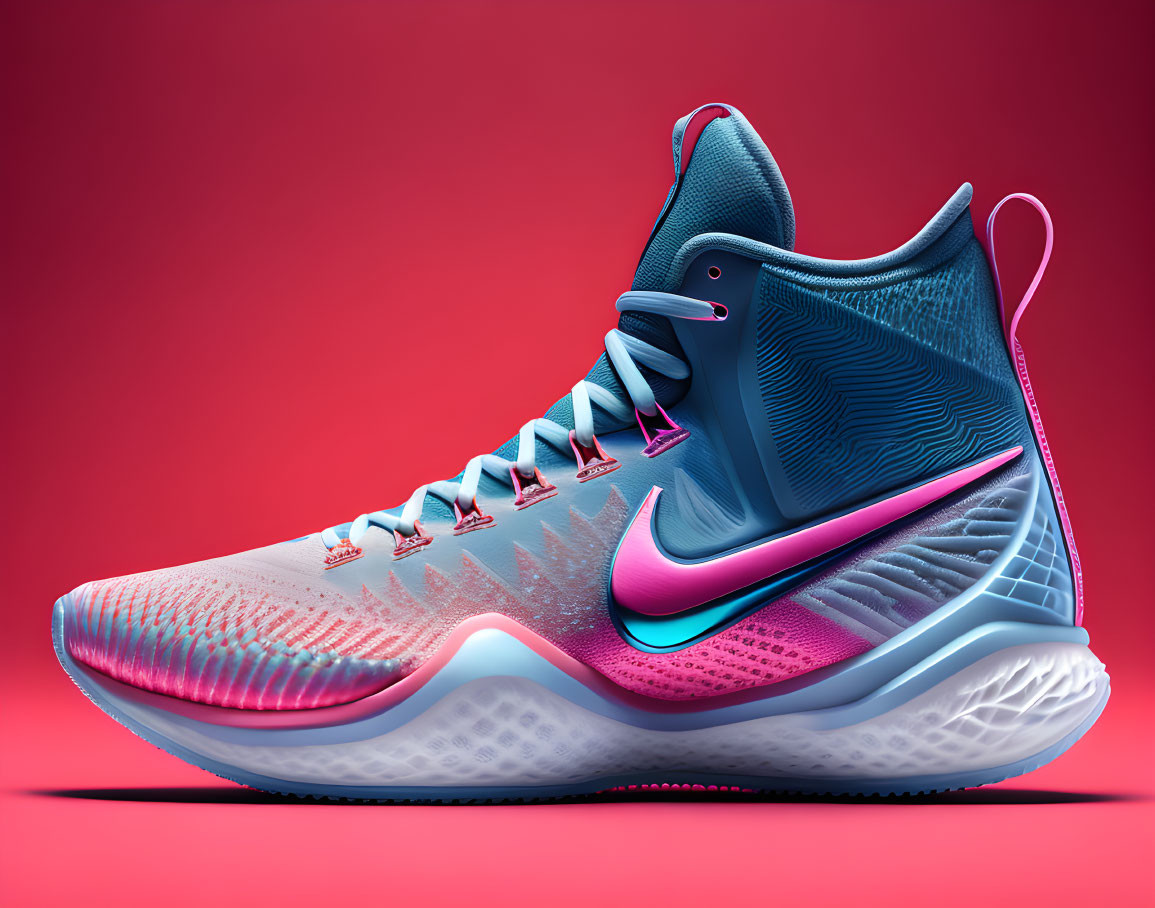 Blue and Pink High-Top Basketball Shoe with Dynamic Contours