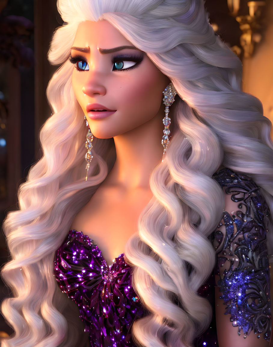 Animated character with long platinum blonde hair, blue eyes, crystal earrings, in a purple and blue dress