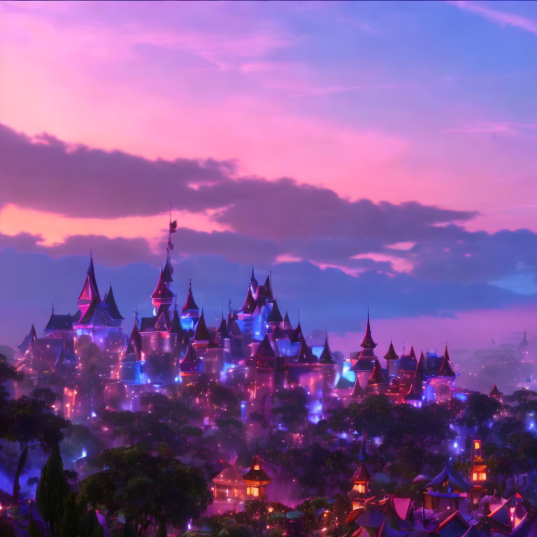 Fantastical castle at twilight with vibrant purples and pinks under mystical glow