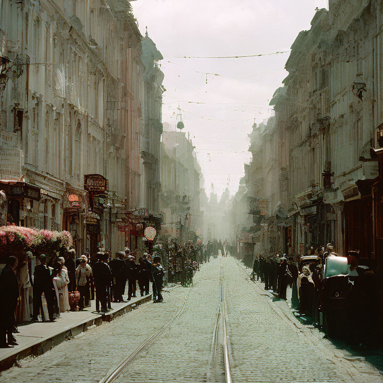 Vintage colorized photo of bustling city street with tram tracks and period attire pedestrians