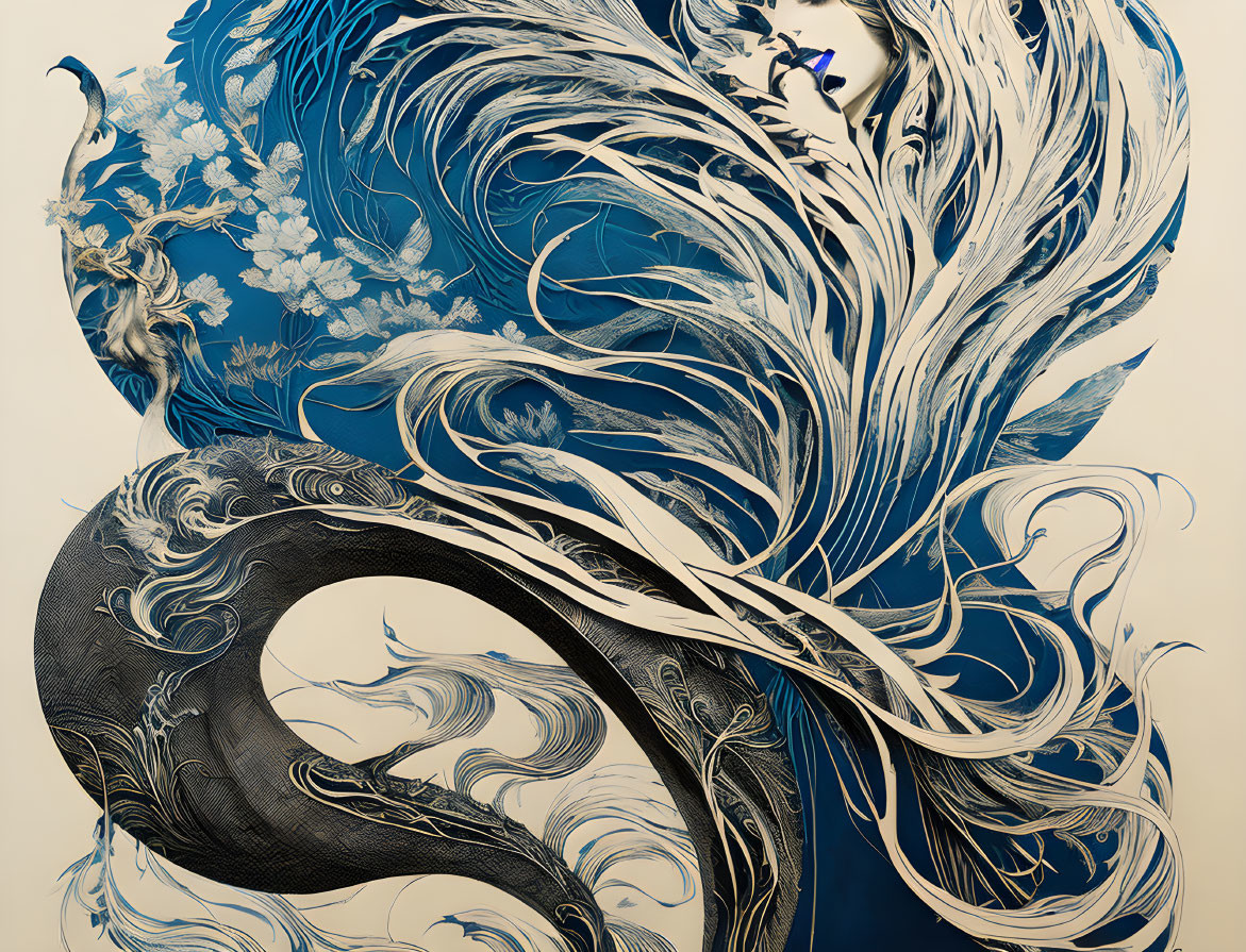 Blue and White Art Piece with Swirling Patterns and Floral Motifs