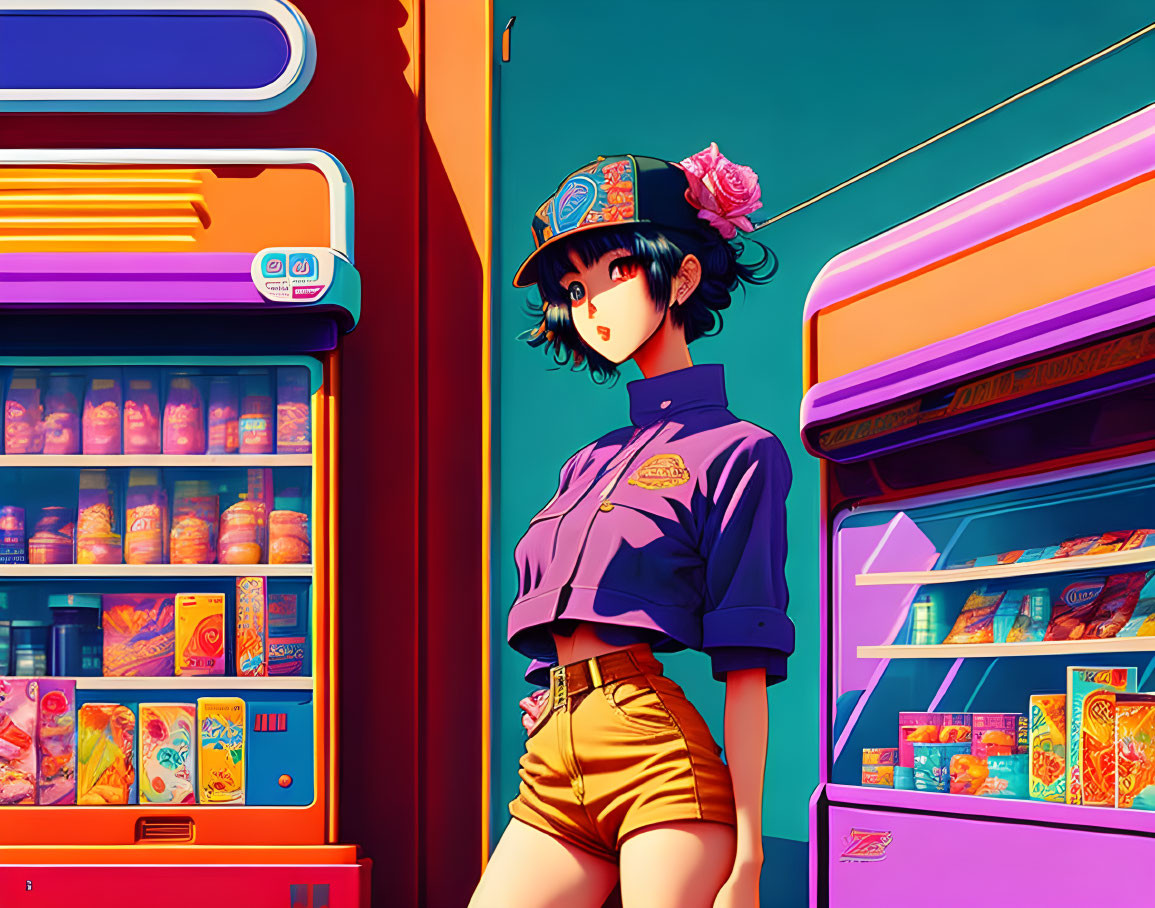 Colorful Illustration: Stylish Girl with Baseball Cap and Flower Beside Vending Machines