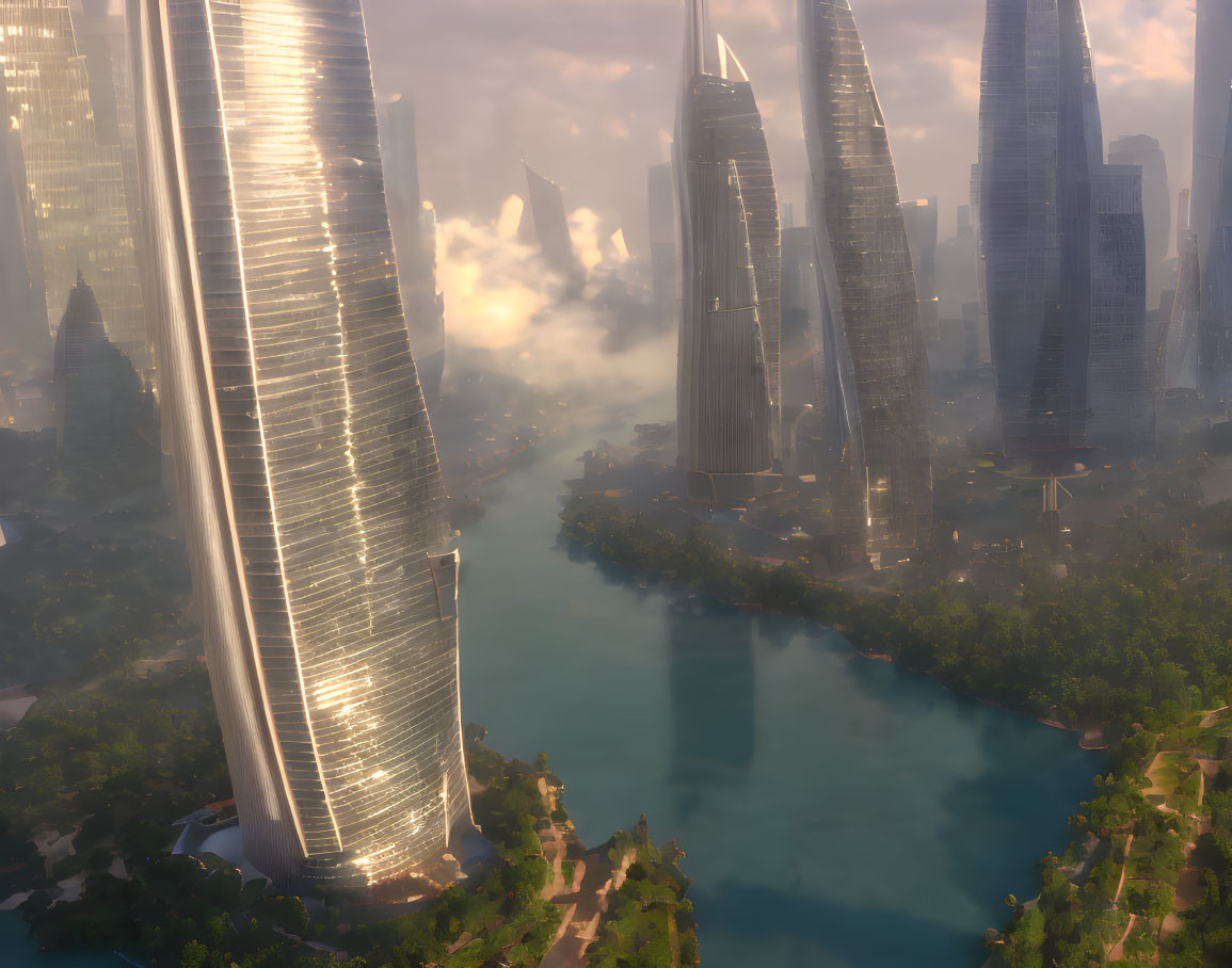 Futuristic cityscape with skyscrapers, river, greenery, and clouds at golden hour