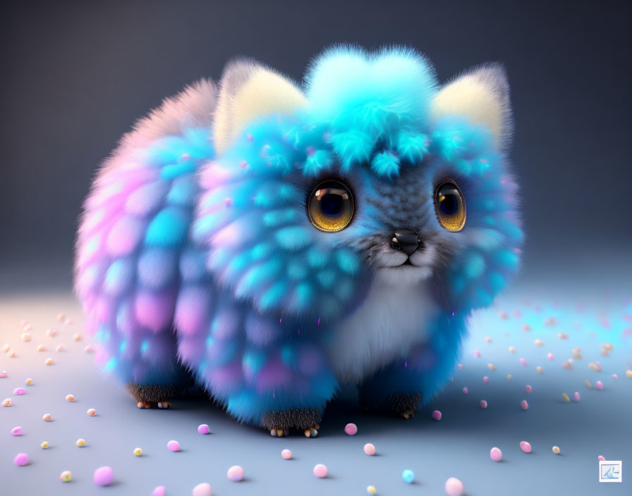 Vibrant blue and purple fluffy cat-like creature with glowing eyes