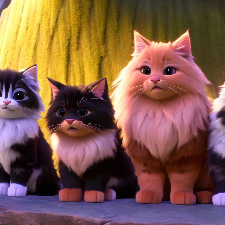 Three Fluffy Animated Cats with Big Eyes