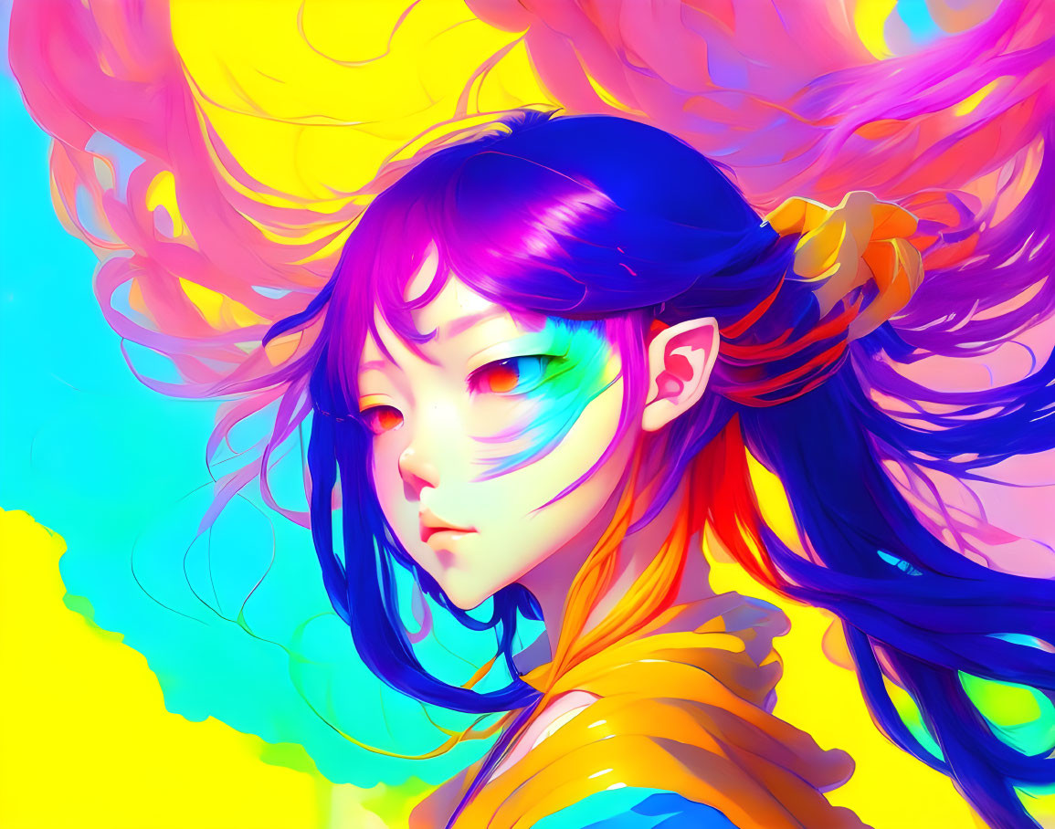 Colorful illustration: girl with rainbow hair & bold makeup on yellow-blue backdrop