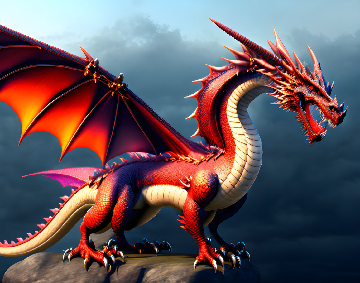 Red Dragon with Spread Wings Perched on Rock in Misty Blue Sky