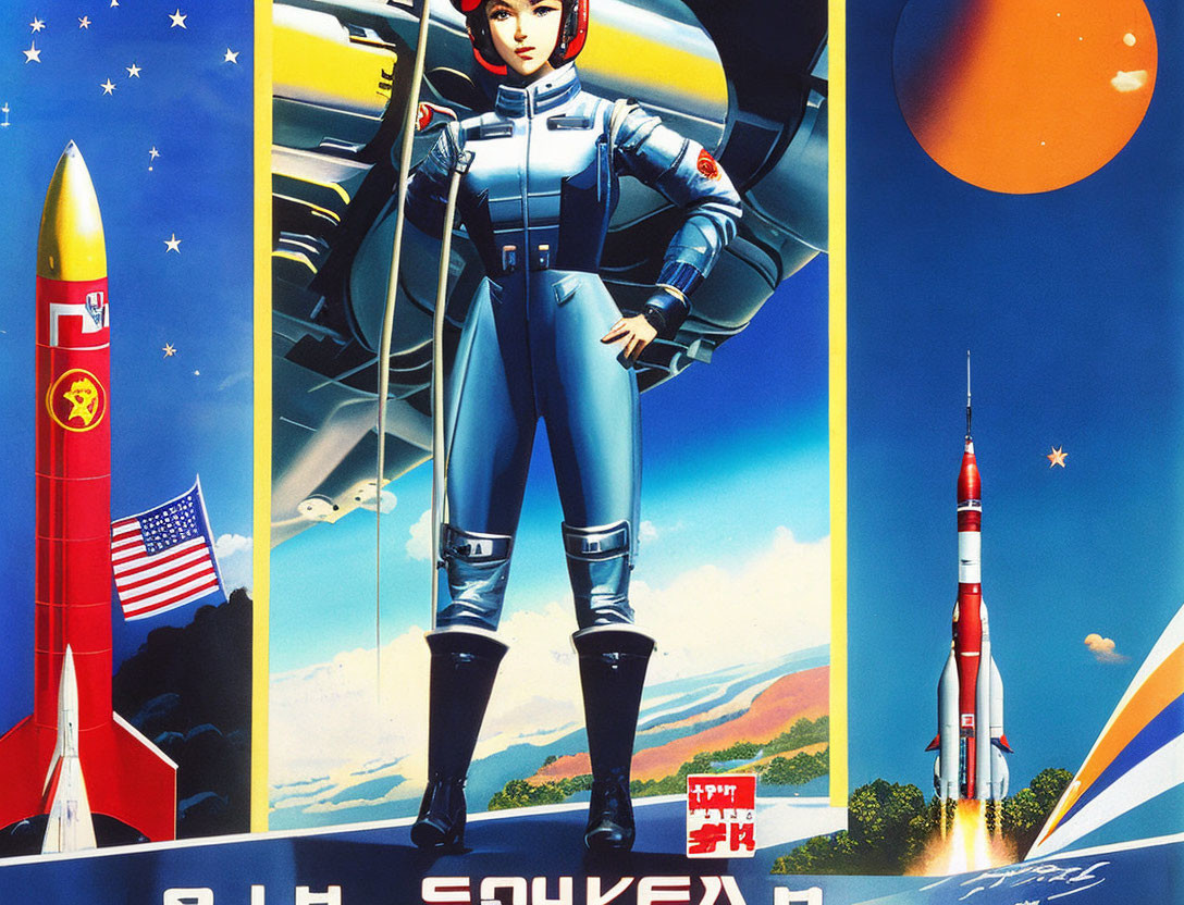 Retro-futuristic space poster with female astronaut in blue suit, rockets, celestial bodies, and
