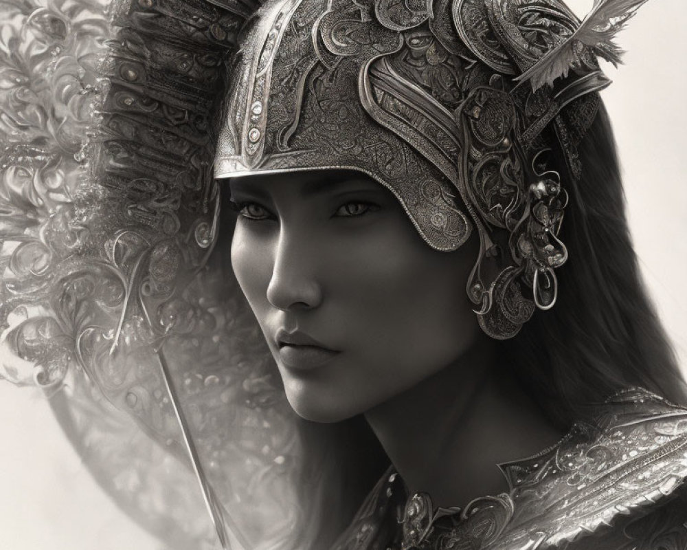 Monochrome image of mystical warrior with ornate helmet and feather details