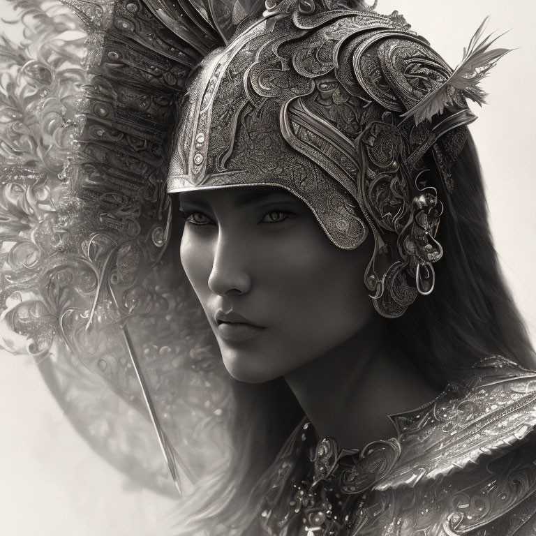 Monochrome image of mystical warrior with ornate helmet and feather details