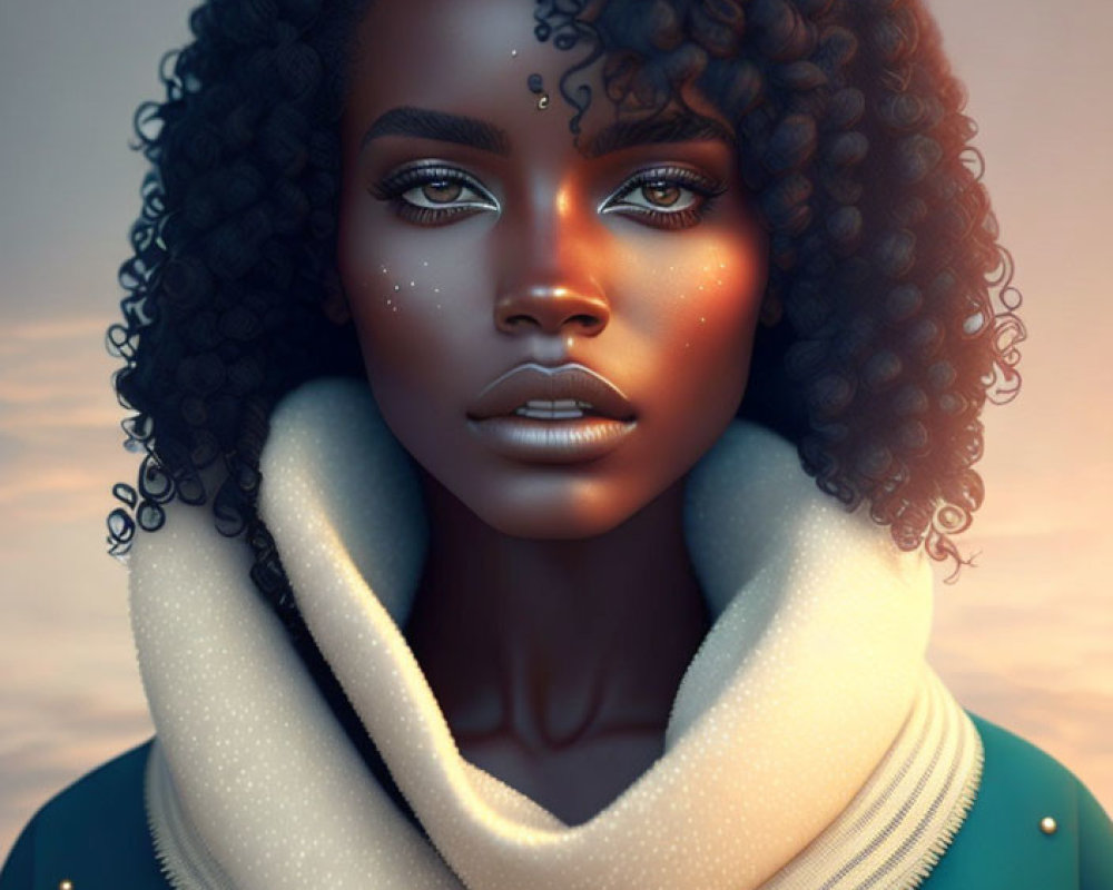 Dark-skinned woman with glowing eyes in white turtleneck and teal jacket.
