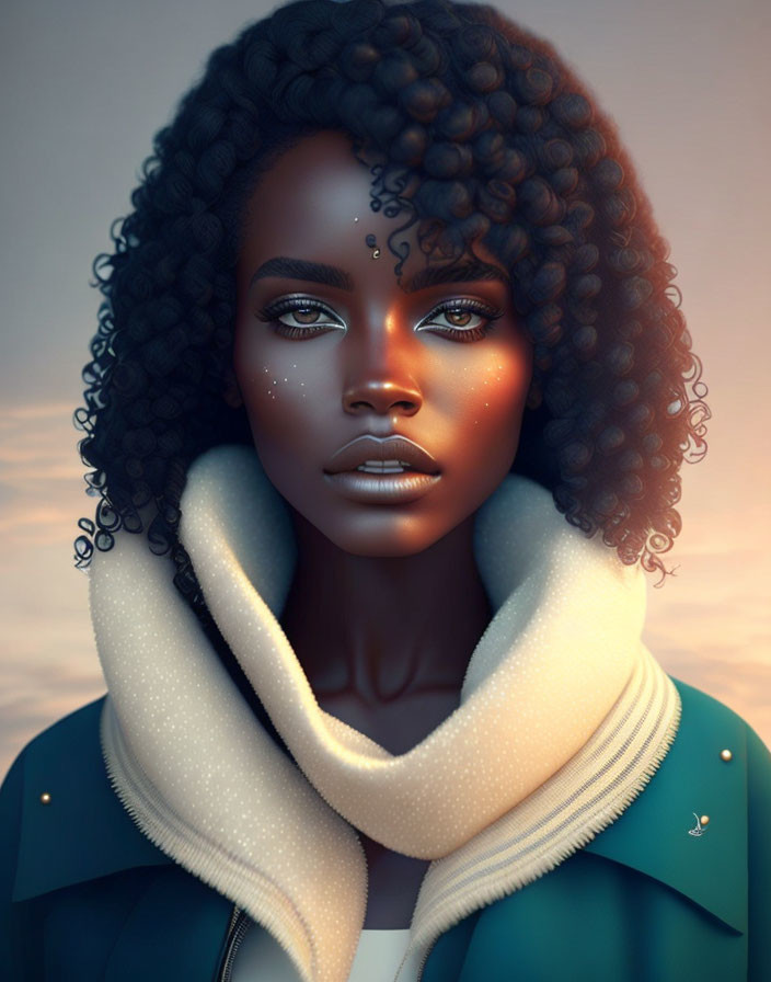 Dark-skinned woman with glowing eyes in white turtleneck and teal jacket.