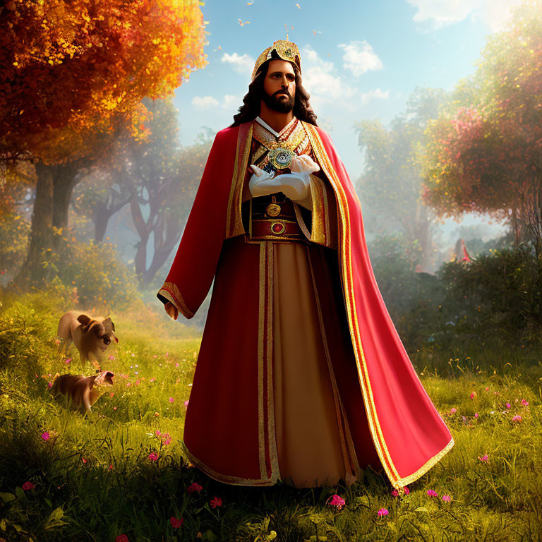 Regal king with scepter in vibrant forest with small dog and pink flowers