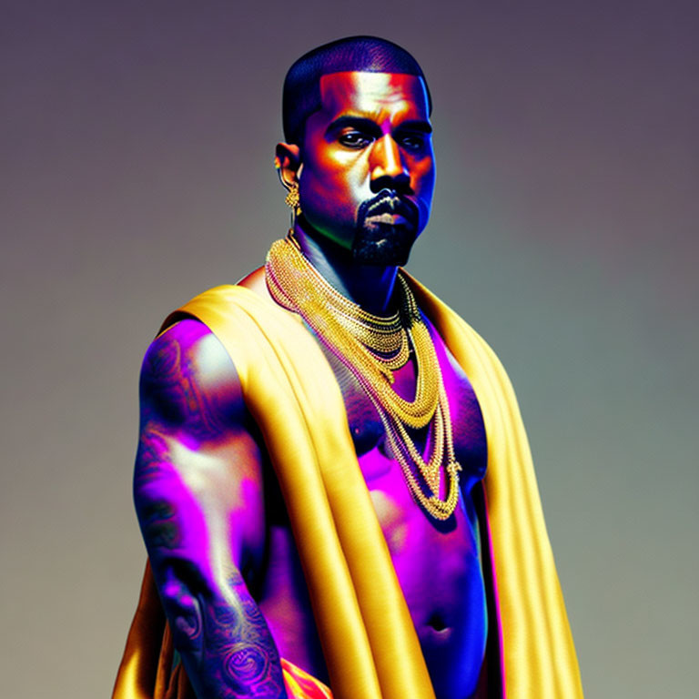 Serious man in yellow draped garment with gold necklaces on gradient background