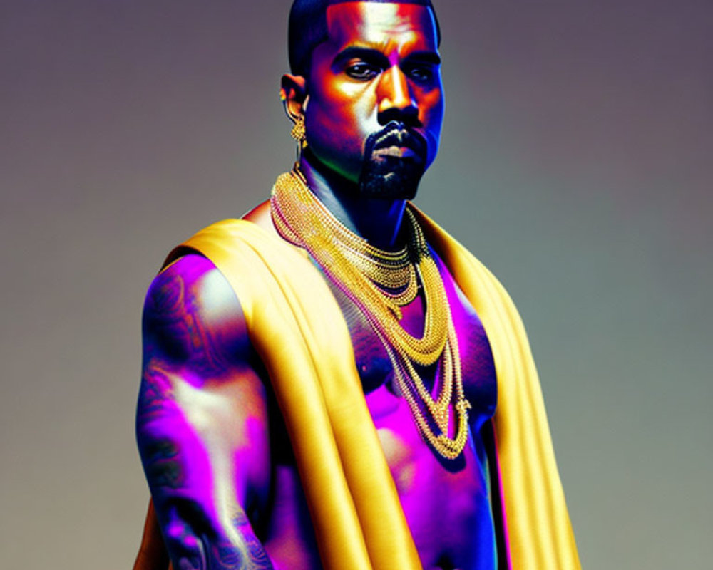 Serious man in yellow draped garment with gold necklaces on gradient background