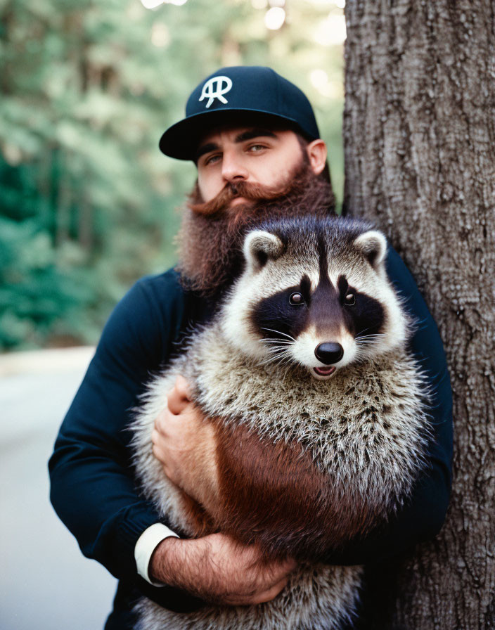 Bearded Man with Baseball Cap Holding Raccoon in Wooded Area