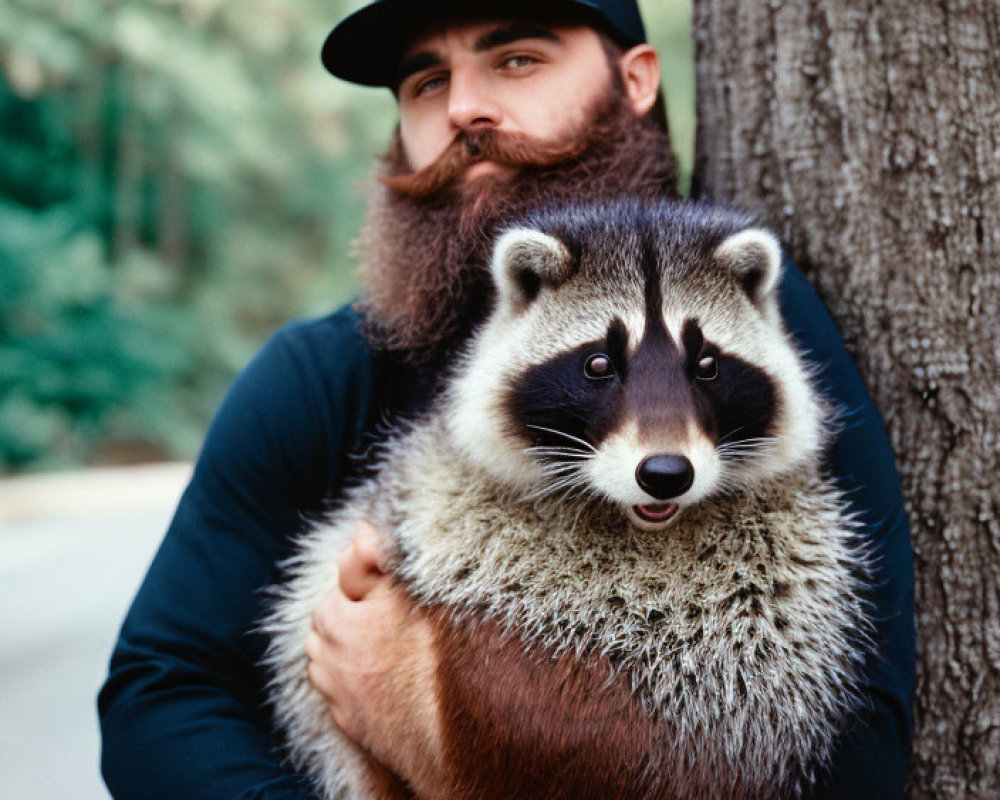 Bearded Man with Baseball Cap Holding Raccoon in Wooded Area