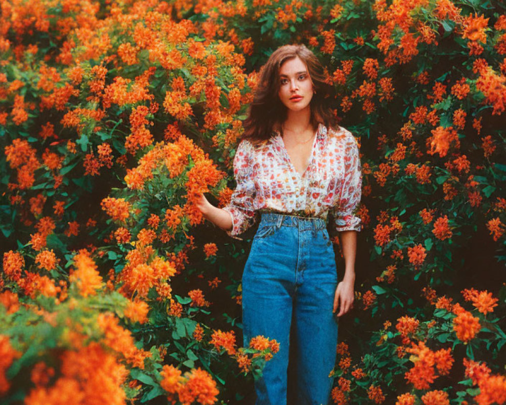 Woman in denim jeans surrounded by orange flowers and patterned blouse