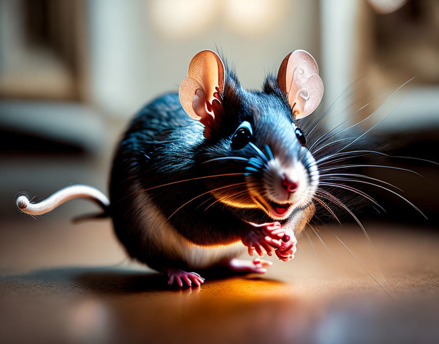 Black and White Mouse Close-Up with Translucent Ears and Whiskers