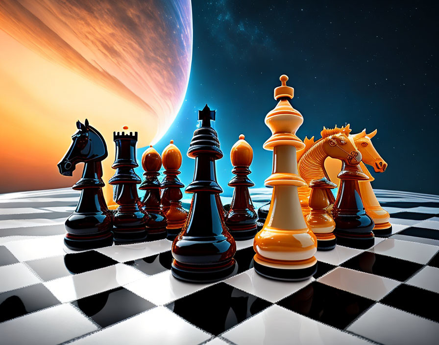 Chess Pieces on Checkered Board Against Cosmic Space Backdrop