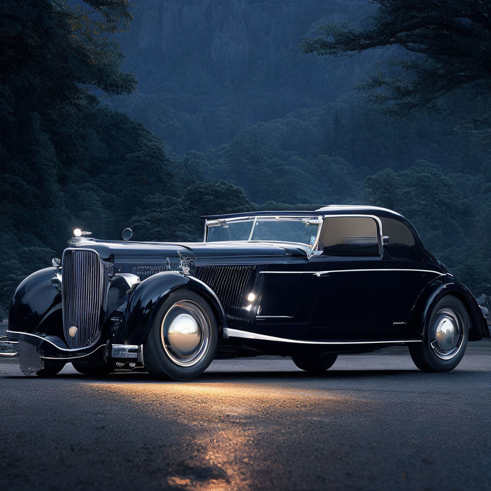 Classic luxury car with headlights in dark forest at twilight