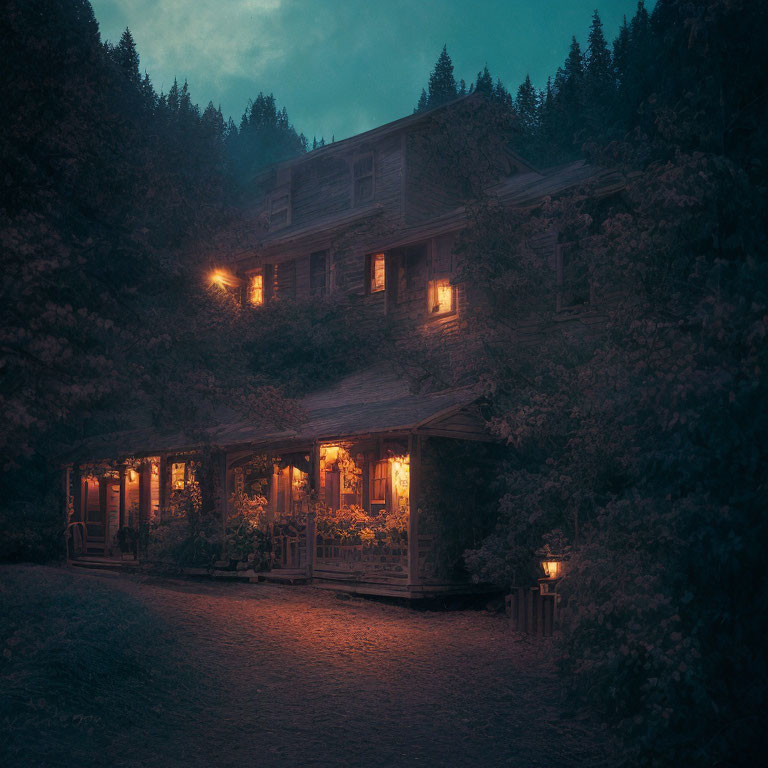 Old House with Illuminated Windows in Twilight Forest