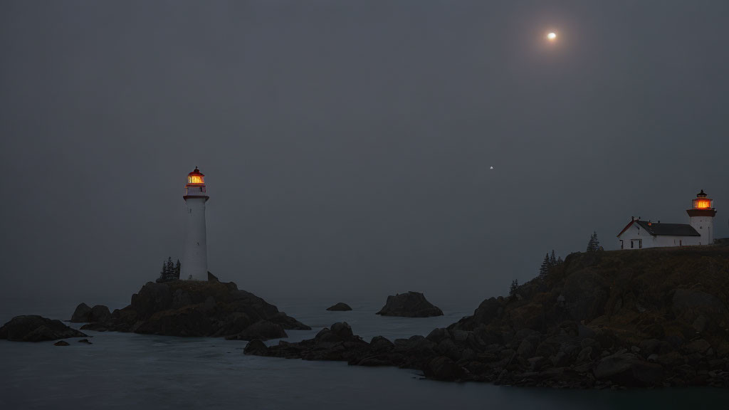 Misty evening coastal scene with glowing lighthouse and moon