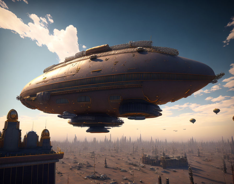 Gigantic futuristic airship over detailed cityscape with smaller vessels