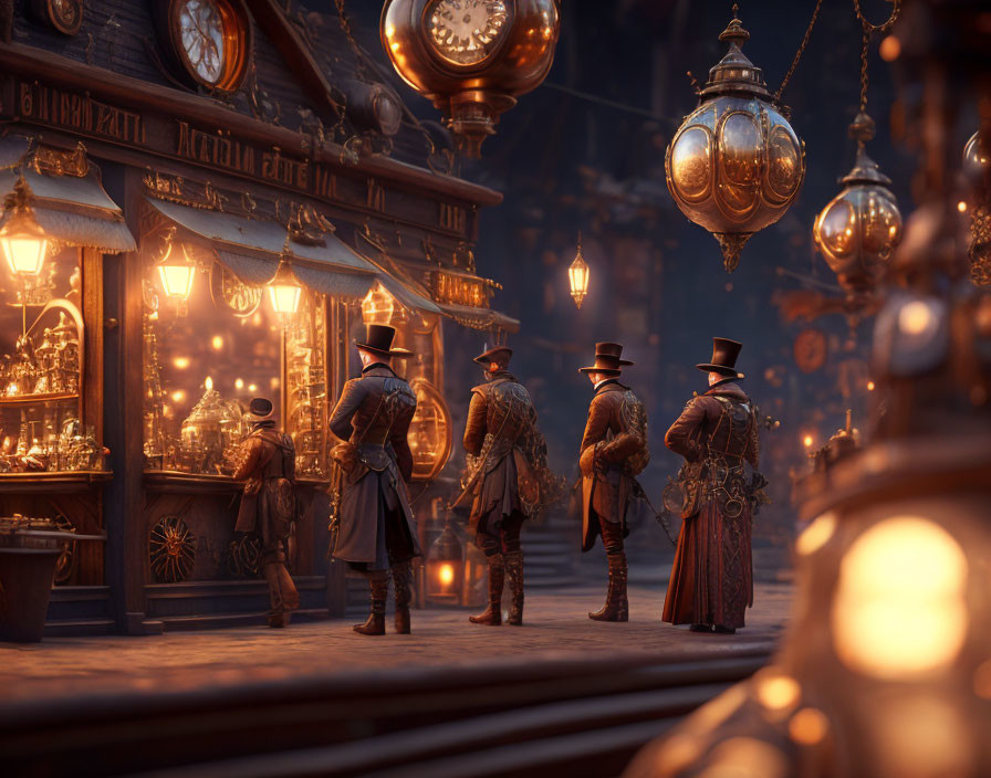 Victorian-era figures in top hats on dimly lit cobblestoned street with shop and orn