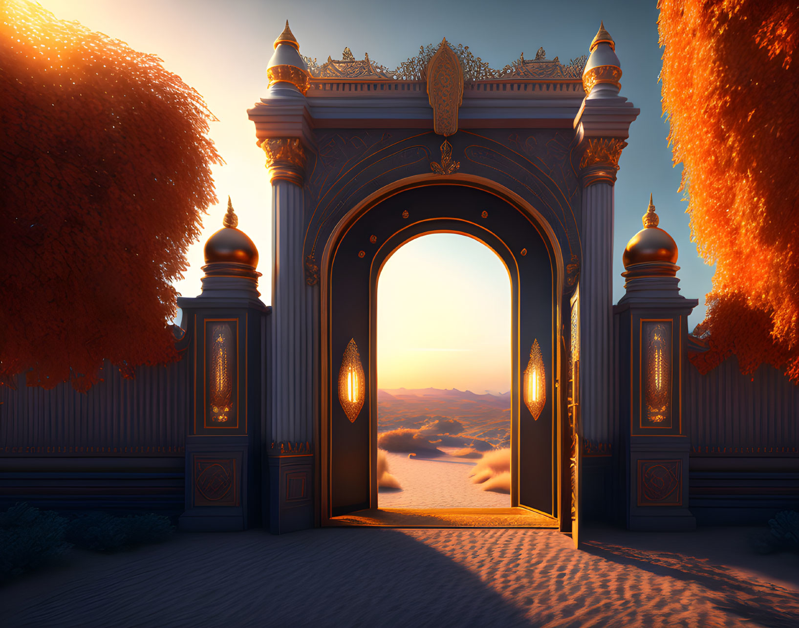 Ornate archway in desert sunset with golden light and detailed patterns