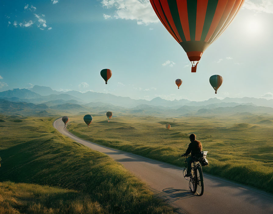 Cyclist on winding road with hot air balloons in blue sky