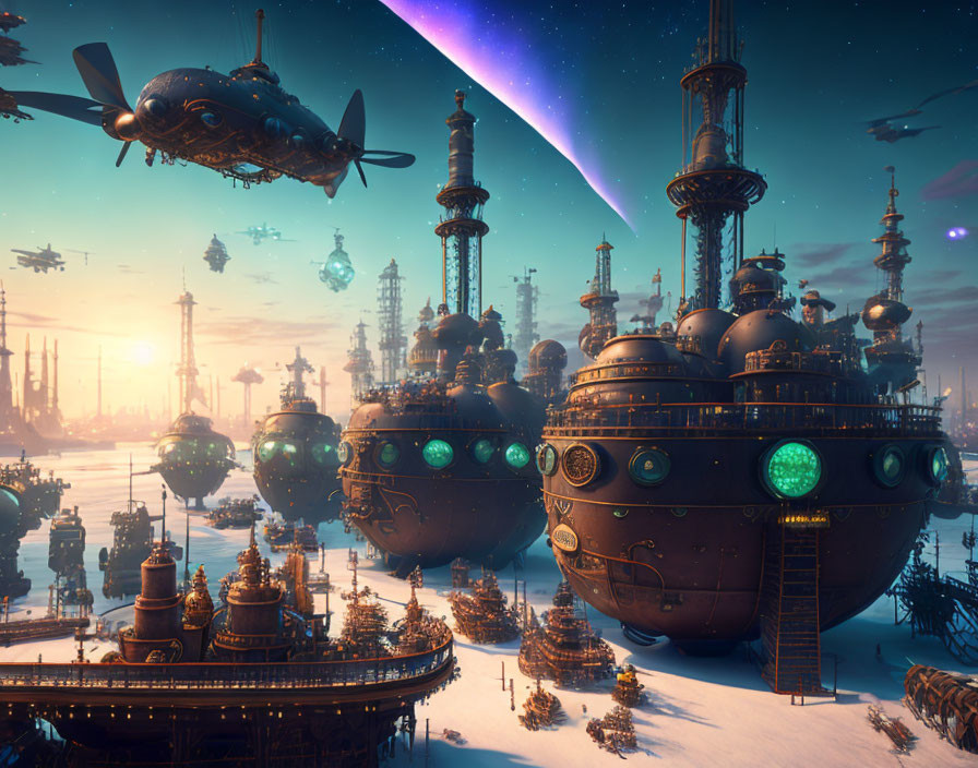 Steampunk cityscape with spherical buildings and airships at dusk