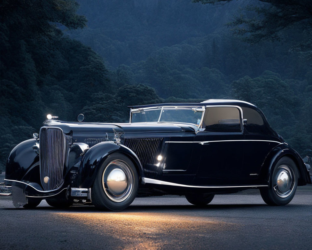 Classic luxury car with headlights in dark forest at twilight