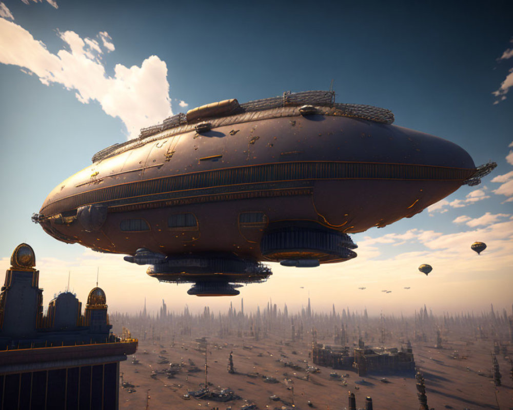 Gigantic futuristic airship over detailed cityscape with smaller vessels