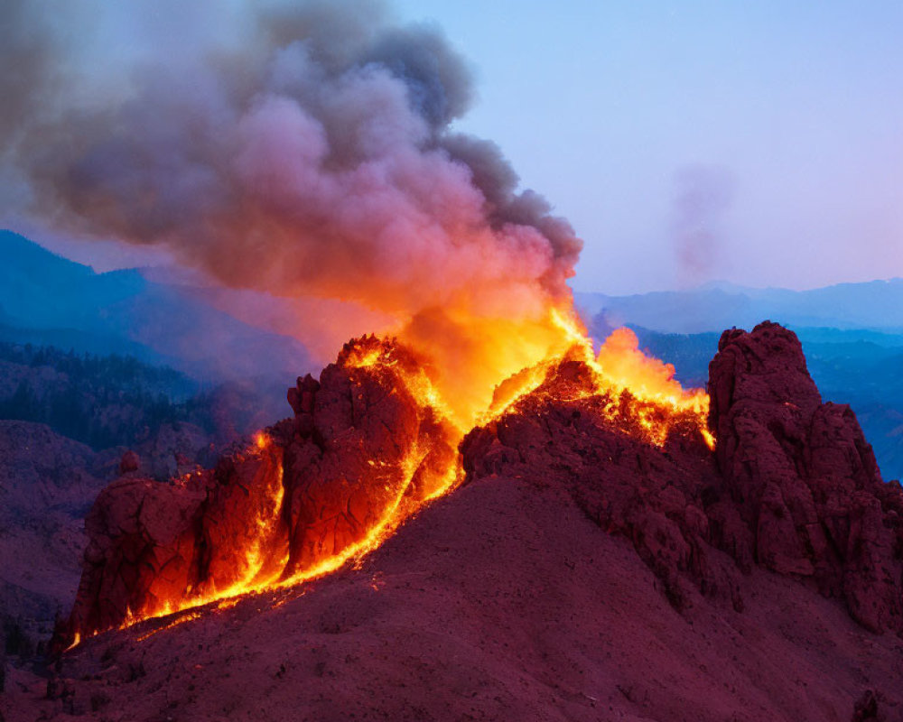 Volcanic eruption: Lava flow at twilight with smoke against blue sky