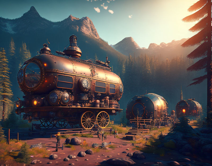 Steam-punk style train on tracks in forest with mountains at sunrise or sunset