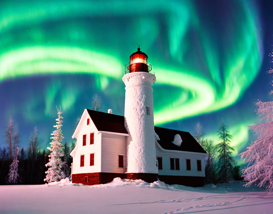 Snow-covered lighthouse under vibrant aurora borealis and snowy trees