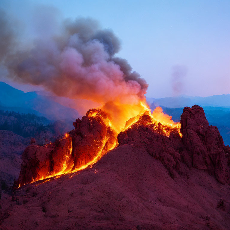 Volcanic eruption: Lava flow at twilight with smoke against blue sky