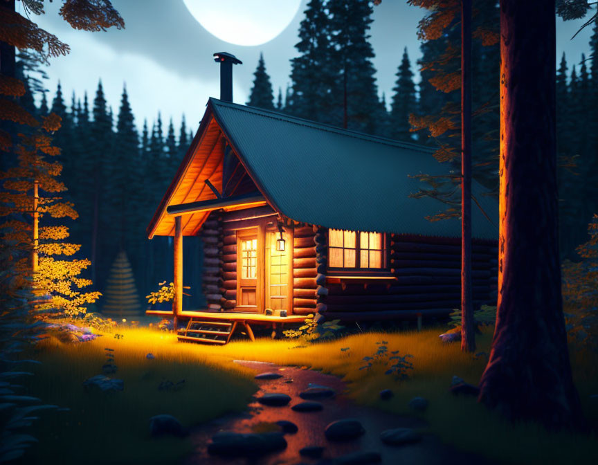 Twilight scene of cozy wooden cabin in serene forest