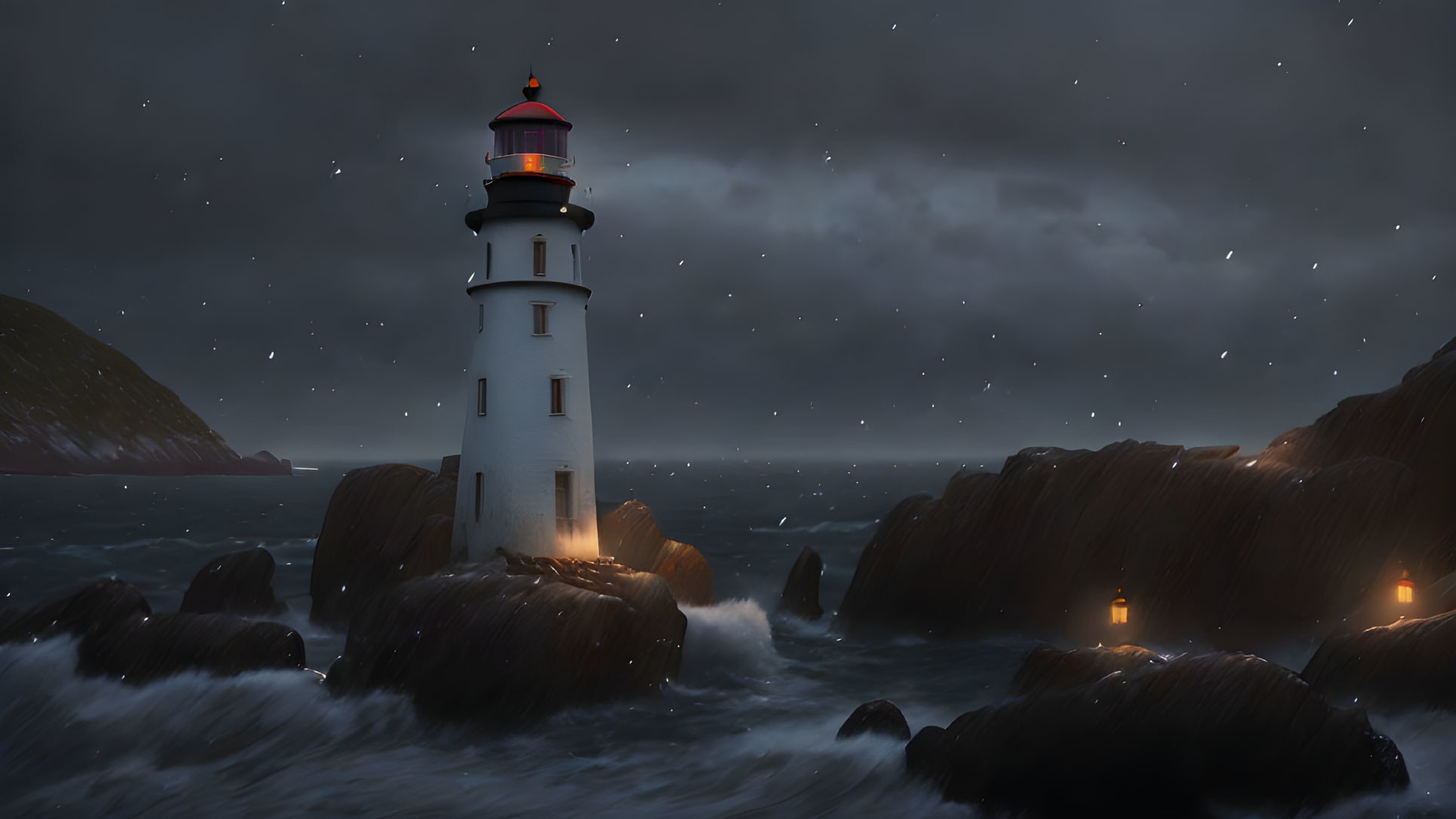 Serene night scene: lighthouse on rocky shore with beacon, starry sky, gentle snowfall